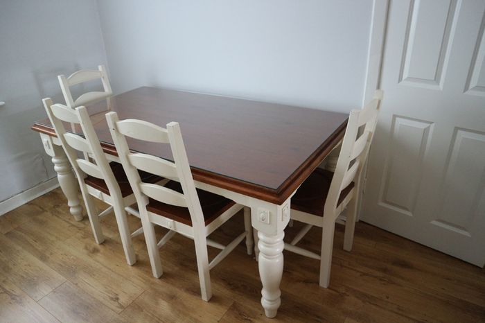 Dining table & 6 chairs, wood with protective glass