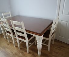 Dining table & 6 chairs, wood with protective glass