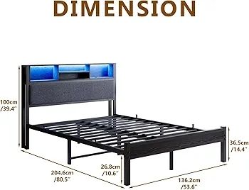 4ft6 Double Size Bed Frame with Storage Shelf Upholstered Headboard,Platform Bed Frame with Charging Station and LED Lights,Metal Bed Frame Double Size,No Box Spring Needed,Noise Free, Black+Grey