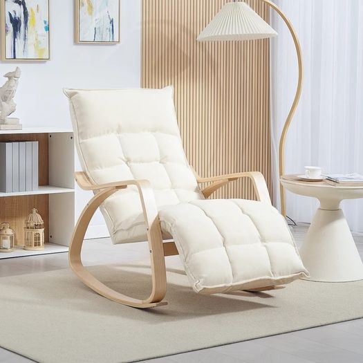 Upholstered Rocking Chair Relaxing Armchair with Armrests & Steel Frame for Living Room, Bedroom, Cream