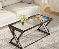 Coffee Table, Living Room Table, Center Tea Tables, Glass Coffee Table, End Sidetable with Black Metal Frame for Living Room Bedroom Office, Modern Open Design, 39 x 19 x 18 IN, Transparent Glass