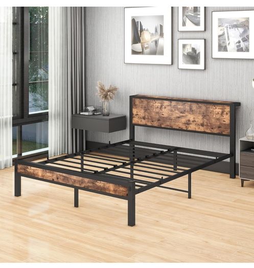 King Size Bed Frame with Storage Wooden Headboard