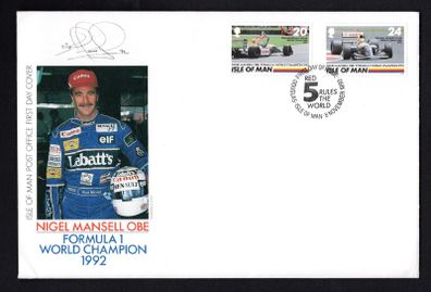 1992 Isle of Man Nigel Mansell's Victory in Formula 1 World Racing Championship Commemorative Stamp Addressed First Day Cover (FDC)