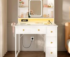 Dressing Table with Adjustable LED Mirror Built in USB Power Outlets RGB Light Strip Vanity Desk with 5 Fabric Drawers 3 Layer Shelves White Makeup Desk 90 40 139cm