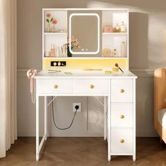 Dressing Table with Adjustable LED Mirror Built in USB Power Outlets RGB Light Strip Vanity Desk with 5 Fabric Drawers 3 Layer Shelves White Makeup Desk 90 40 139cm
