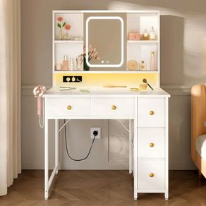 Dressing Table with Adjustable LED Mirror Built in USB Power Outlets RGB Light Strip Vanity Desk with 5 Fabric Drawers 3 Layer Shelves White Makeup Desk 90 40 139cm