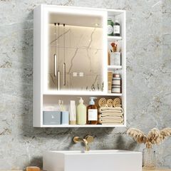 Bathroom Mirror Cabinets Wall Mounted  Expanded Spacious Storage HD Mirror Cabinet with 3-COLOR & Dimming LED Lights Anti Fog Memory Function  Adjustable Shelves, Touch Sensor,535by700by150mm
