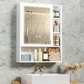 Bathroom Mirror Cabinets Wall Mounted  Expanded Spacious Storage HD Mirror Cabinet with 3-COLOR & Dimming LED Lights Anti Fog Memory Function  Adjustable Shelves, Touch Sensor,535by700by150mm