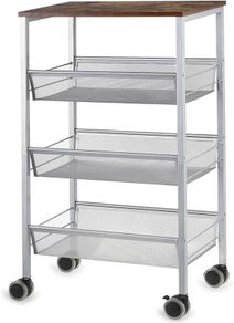 NEW SALE | Kitchen Cart on Wheels, 4 Tier Kitchen Storage Cart, Mesh Snack Cart Organizer with Lockable Wheels, Wood Look Top and Metal Frame for Kitchen