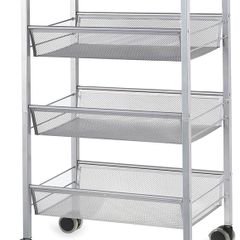NEW SALE | Kitchen Cart on Wheels, 4 Tier Kitchen Storage Cart, Mesh Snack Cart Organizer with Lockable Wheels, Wood Look Top and Metal Frame for Kitchen