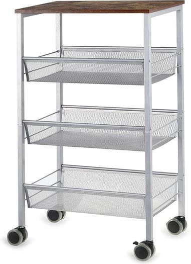 NEW SALE | Kitchen Cart on Wheels, 4 Tier Kitchen Storage Cart, Mesh Snack Cart Organizer with Lockable Wheels, Wood Look Top and Metal Frame for Kitchen