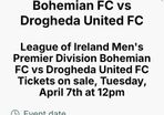 Bohs Bohemians football home match tickets (x3)
