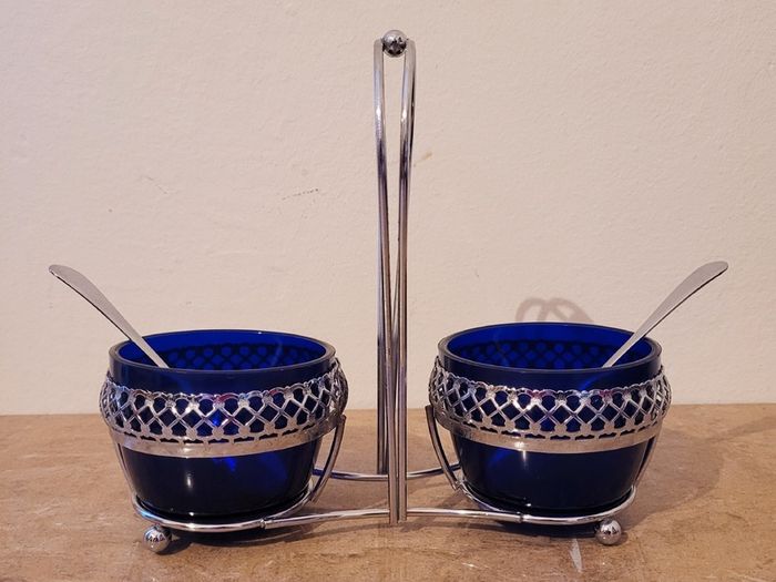 Vintage Chromium & Bristol blue condiment set