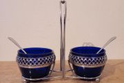 Vintage Chromium &amp; Bristol blue condiment set