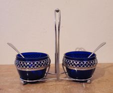 Vintage Chromium & Bristol blue condiment set