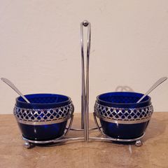 Vintage Chromium & Bristol blue condiment set