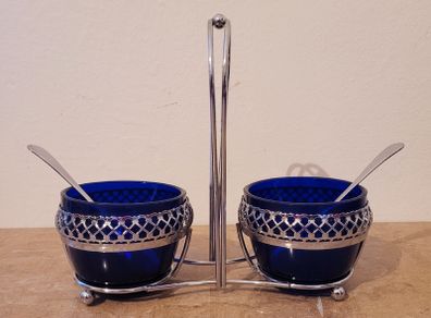 Vintage Chromium & Bristol blue condiment set
