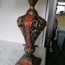 Vintage Tuscan style table lamp with gold-finish resin body with intricate scrollwork and reddish-orange mosaic crackle accents Image 3