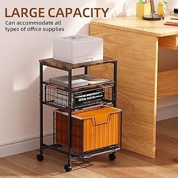 4-Tier Rolling File Cart | 2-Drawer Mobile Filing Cabinet & Printer Stand with Hanging Organizer - Dark Brown