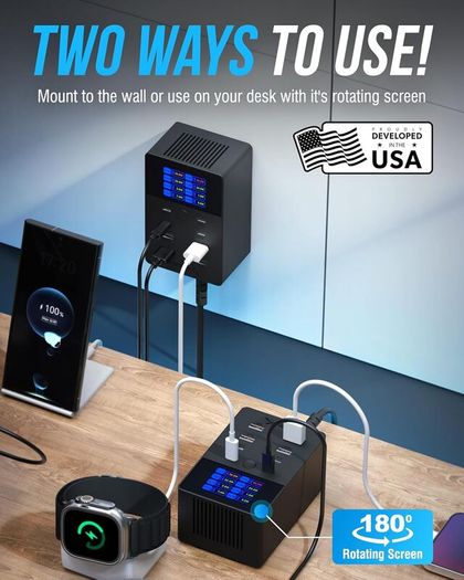 SABRENT 252W Charger - 8-Port USB PD 3.0 with LCD Display, Fast Charging for USB-C & USB-A Devices, Laptops, Phones, Tablets, Gaming Consoles - PPS, Overcharge Protection, Travel-Friendly (AX-8PTC)