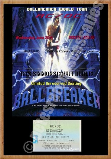AC/DC Vintage Concert Poster + Ticket R.D.S Simmons Court Dublin 1996 Ballbreaker Tour Reproduction Print