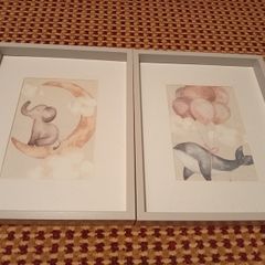 Kids art 2 small frames white with prints and 3 free ceramic handles