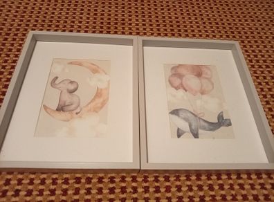 Kids art 2 small frames white with prints and 3 free ceramic handles