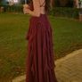 Burgundy Formal Dress, Gold Heels & Clutch, Complete Look Image 2