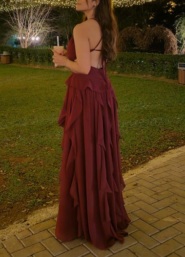 Burgundy Formal Dress, Gold Heels & Clutch, Complete Look