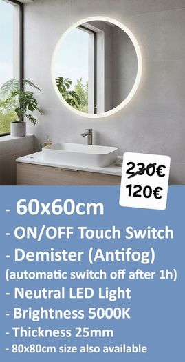 LED Bathroom Mirror Antifog Demister 60cm