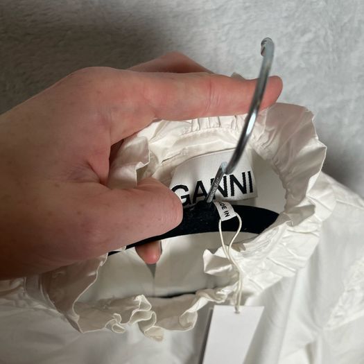 Ganni Cotton Poplin Blouse Sz 8UK 4US S White Ruffle Smock Classic Collar