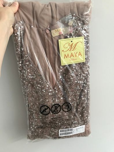 Maya Bridesmaid v neck maxi tulle dress with tonal delicate sequins in taupe blush