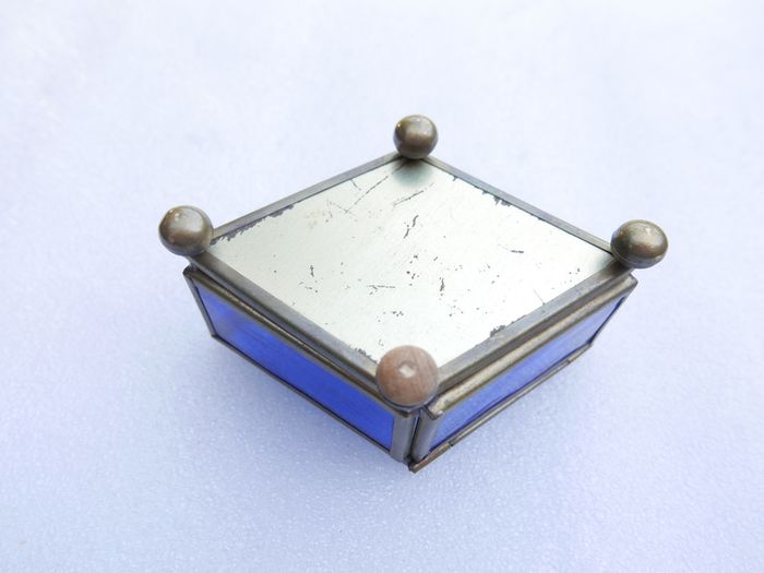 Vintage blue and clear etched flowers Brass trinket box , glass jewelry box