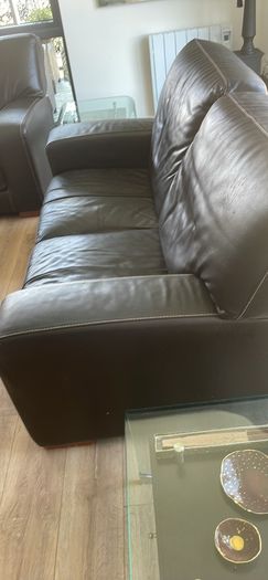 Brown leather, two seater sofa and chair