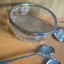 Vintage Silver Plate Rim Pressed Glass Bowl with silver-plated condiment set and matching spoons. Image 2