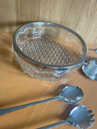 Vintage Silver Plate Rim Pressed Glass Bowl with silver-plated condiment set and matching spoons.