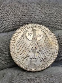 1969 G Germany 5 Mark Theodor Fontane Silver Coin