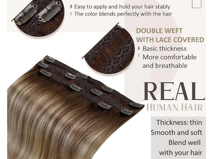 5 Piece hair extentions, LaaVoo 18inch Balayage Brown - blonde Real Human Hair Extensions, Clip in, Weave Remy Hair Extensions, 70g
