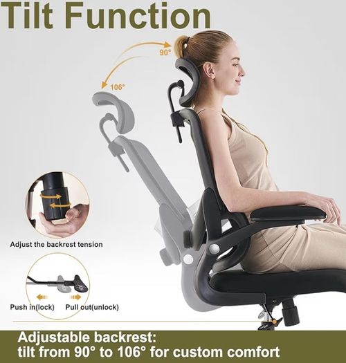 High Back Mesh Design with Adjustable Lumbar Support, Flip-Up Armrests, Removable Headrest & 360 Swivel - Space-Saving for Home, Work, or Gaming - Black