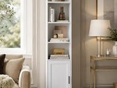 Slim Tall White Bookcase with Cabinet Storage Shelf