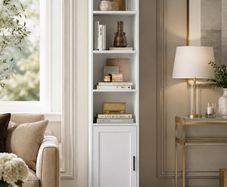 Slim Tall White Bookcase with Cabinet Storage Shelf