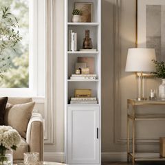 Slim Tall White Bookcase with Cabinet Storage Shelf