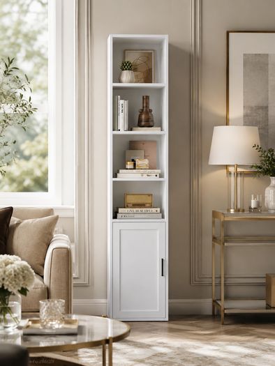 Slim Tall White Bookcase with Cabinet Storage Shelf