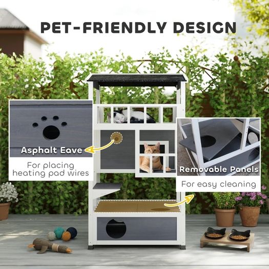 Wooden Cat House Den 3-Tier Outdoor Kitten Shelter Lodge w/ Tilted Roof Terrace Jump Step Bottom Tray Elevated Base Waterproof Paint 140 x 78 x 76cm Grey