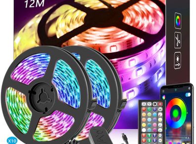 12M(2 x 6M) Music Sync Colour Changing RGB LED Strip 44-Key Remote, Sensitive Built-in Mic, App Controlled LED Lights, 5050 RGB LED Light Strip(APP+Remote+Mic+3 Button Switch) [Energy Class A+]