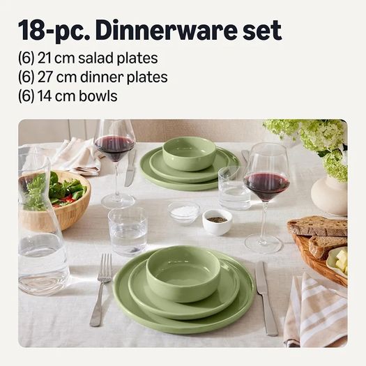 Basics Glazed Stoneware Dinnerware Set, 18-Piece, Service for 6, Dinner and Salad Plates, Microwave and Dishwasher-Safe, Olive