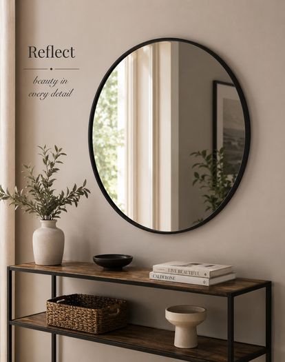 Black Round Wall Mirror 76 cm Modern Bathroom Mirror Aluminium Frame Vanity Hallway Bedroom Living Room