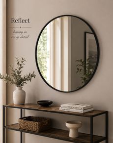 Black Round Wall Mirror 76 cm Modern Bathroom Mirror Aluminium Frame Vanity Hallway Bedroom Living Room