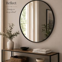 Black Round Wall Mirror 76 cm Modern Bathroom Mirror Aluminium Frame Vanity Hallway Bedroom Living Room