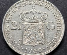 1930 Netherlands  2 1/2 Gulden - Wilhelmina Silver coin